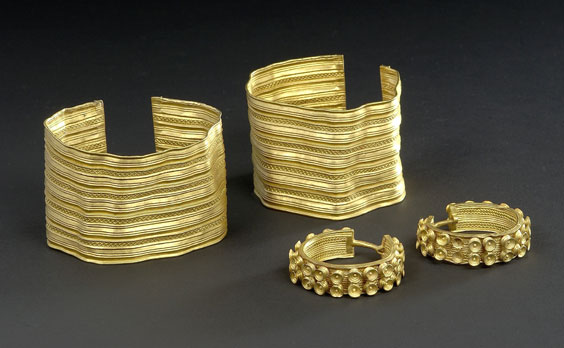 Gold leaf bracelets and earrings, Sainte-Colombe-sur-Seine, France