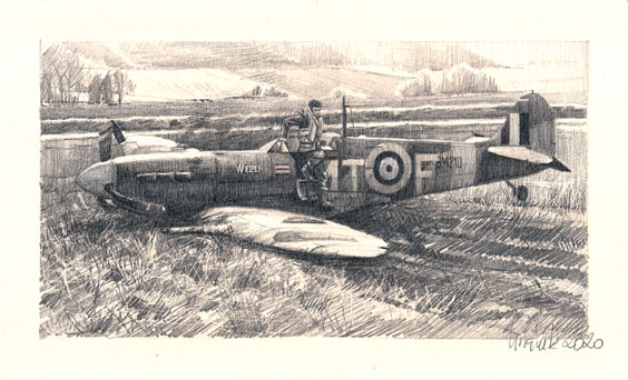 Drawing of František Fajtl in his Spitfire after a successful belly landing